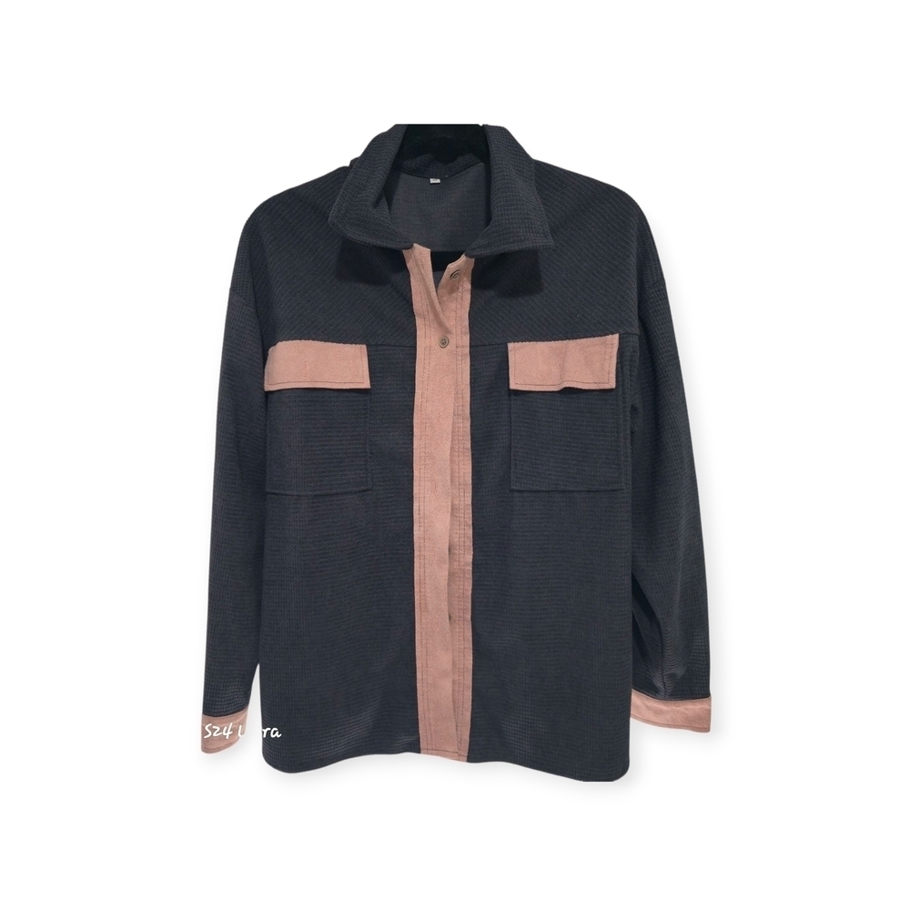 Black Button Down Shirt with Faux Suede Pink Trim